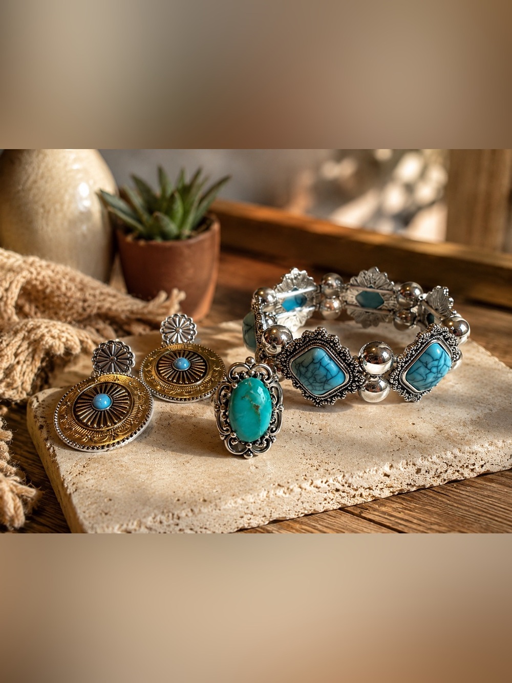 Turquoise Stone Silver-Tone Ring and Earring Set - Women Jewelry